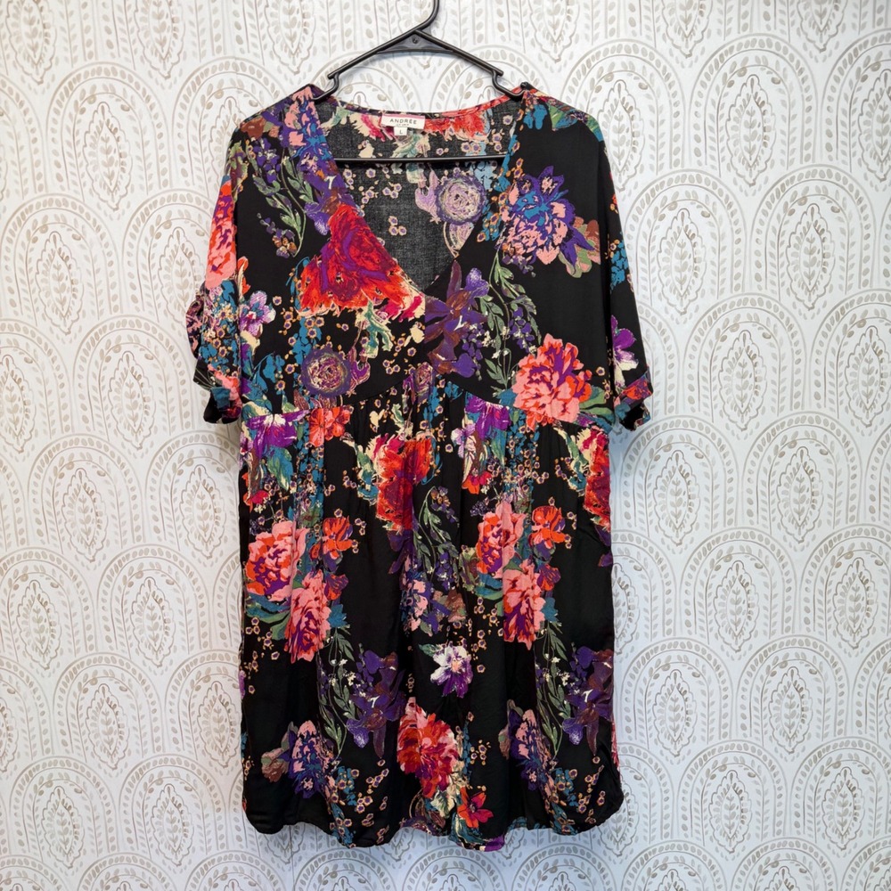 Andree by Unit Floral‎ V-Neck Dress Women Large Black Pink Boho Empire Waist L